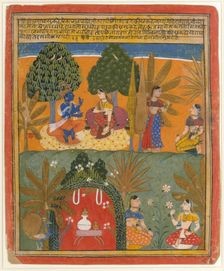 Krishna and Radha with Their Confidantes: Page from a Dispersed Gita Govinda, ca. 1655-60. Creator: Style of Manohar (active ca. 1582-1624)