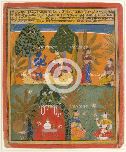 Krishna and Radha with Their Confidantes: Page from a Dispersed Gita Govinda, ca. 1655-60. Creator: Style of Manohar (active ca. 1582-1624).