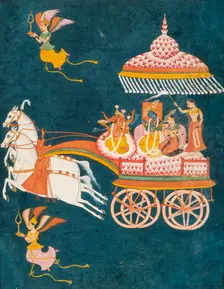 Krishna and Rukmini as Groom and Bride in a Celestial Chariot Driven by Ganesha, c1675-1700. Creator: Anon