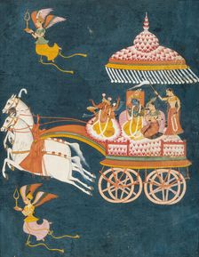 Krishna and Rukmini as Groom and Bride in a Celestial Chariot Driven by Ganesha, c1675-1700. Creator: Anon