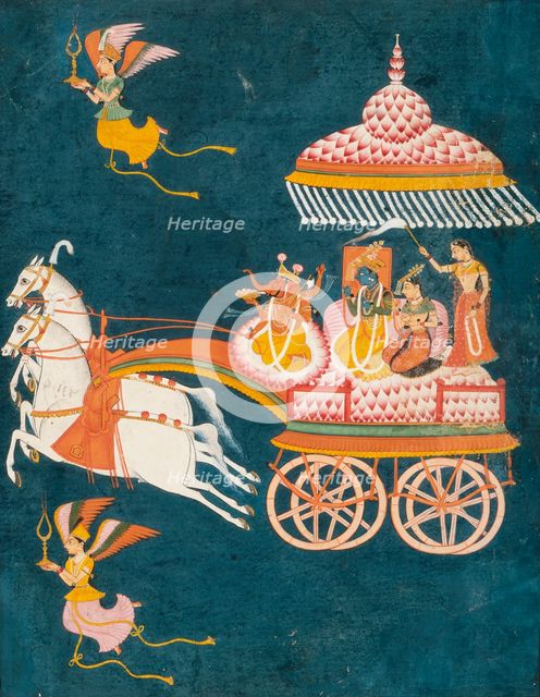 Krishna and Rukmini as Groom and Bride in a Celestial Chariot Driven by Ganesha, c1675-1700. Creator: Anon.
