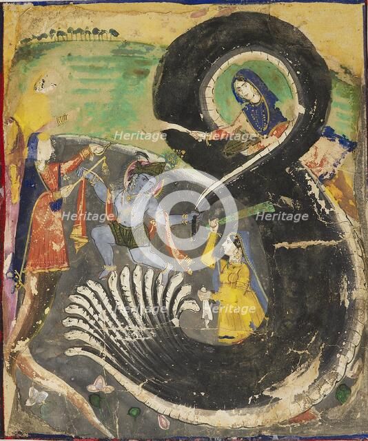 Krishna and the naga Kaliya, 19th century. Artist: Unknown.