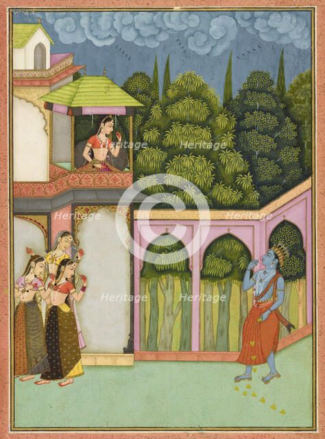 Krishna approaches Radha, folio from a Rasikpriya, dated 1690. Creator: Nuruddin.