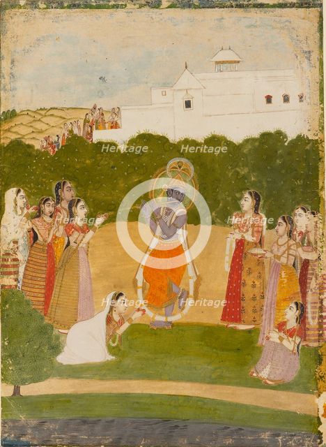 Krishna beside a river playing the flute, c1720. Artist: Unknown.