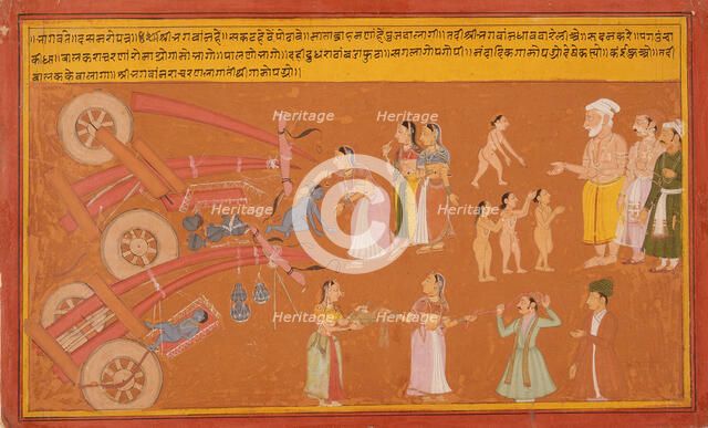 Krishna Breaks the Cart, Folio from a Bhagavata Purana (Ancient Stories of the Lord), c1725. Creator: Unknown.