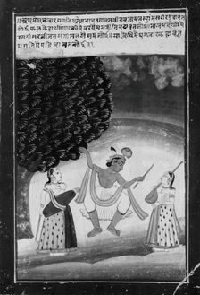 Krishna Dancing with Two Attendant Female Musicians, late 19th-early 20th century. Creator: Unknown