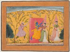 Krishna Exacts a toll from the Milkmaids, from a Bhagavata Purana, c. 1600. Creator: Unknown