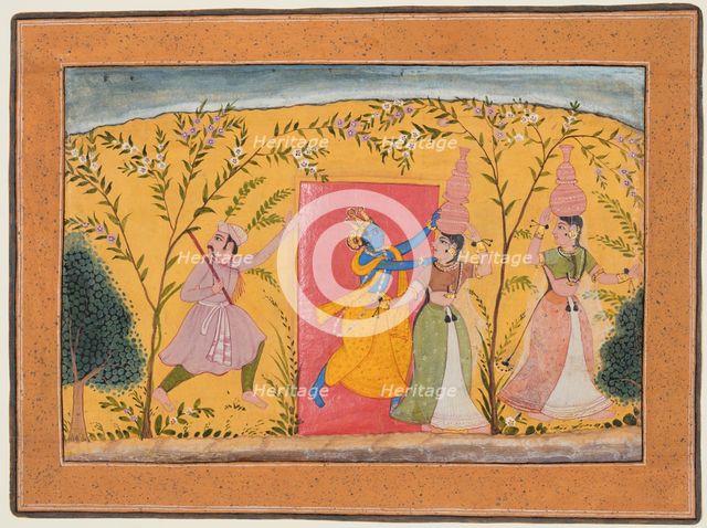 Krishna Exacts a toll from the Milkmaids, from a Bhagavata Purana, c. 1600. Creator: Unknown.