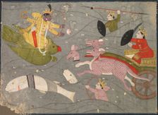 Krishna Fighting Vanasura's Sons: Scene from the Aniruddha Usha Section of Krishna Lila, c. 1840. Creator: Unknown