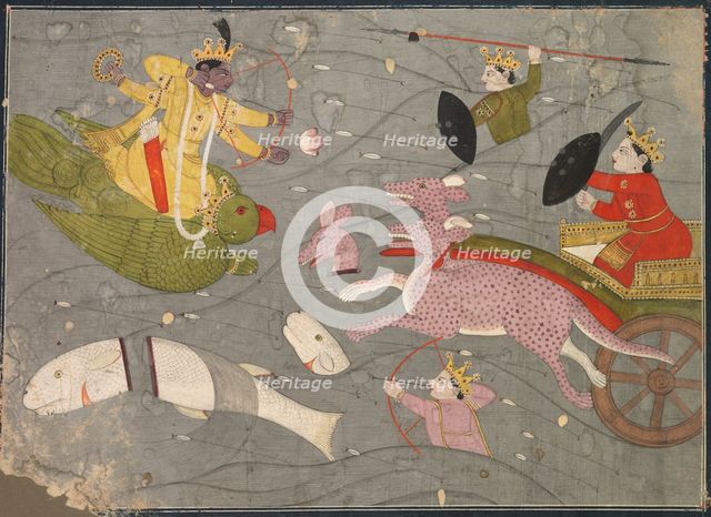 Krishna Fighting Vanasura's Sons: Scene from the Aniruddha Usha Section of Krishna Lila, c. 1840. Creator: Unknown.