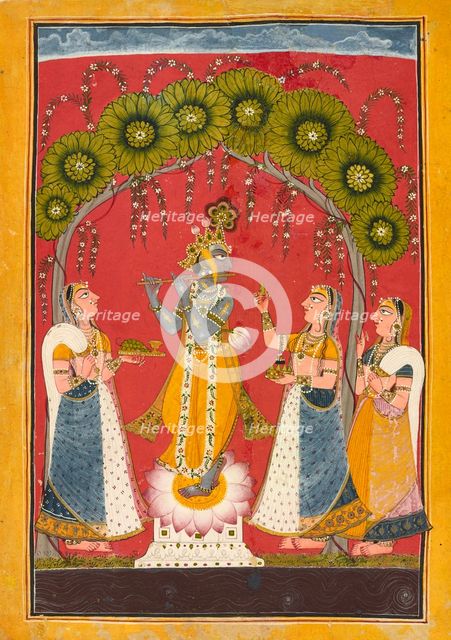 Krishna fluting, folio from a Dasavatar series, ca. 1730. Creator: Master of the Court of Mankot.