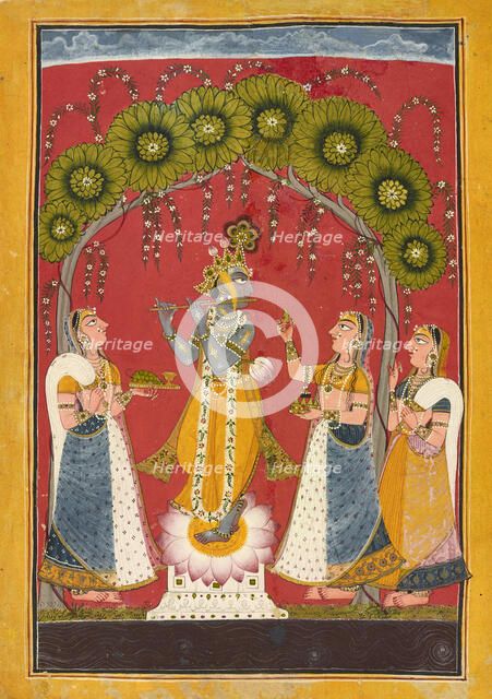 Krishna fluting, folio from a Dasavatar series, ca. 1730. Creator: Master of the Court of Mankot.