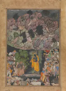 Krishna Holds Up Mount Govardhan to Shelter the Villagers of Braj, Folio from..., ca. 1590-95. Creator: Unknown