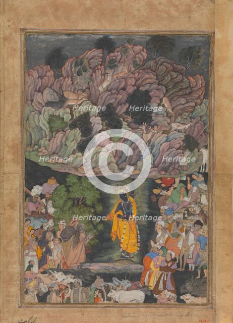 Krishna Holds Up Mount Govardhan to Shelter the Villagers of Braj, Folio from..., ca. 1590-95. Creator: Unknown.