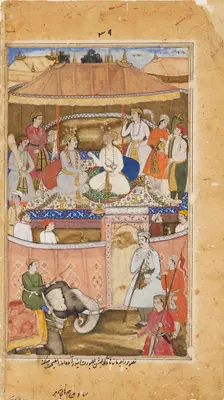 Krishna, in the guise of Indra, advises a king, 1598. Artist: Sadiqi Beg