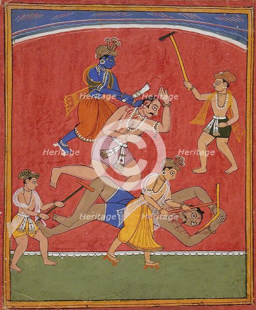 Krishna Killing King Kamsa and Balarama Slaying a Wrestler, c1630. Creator: Unknown.