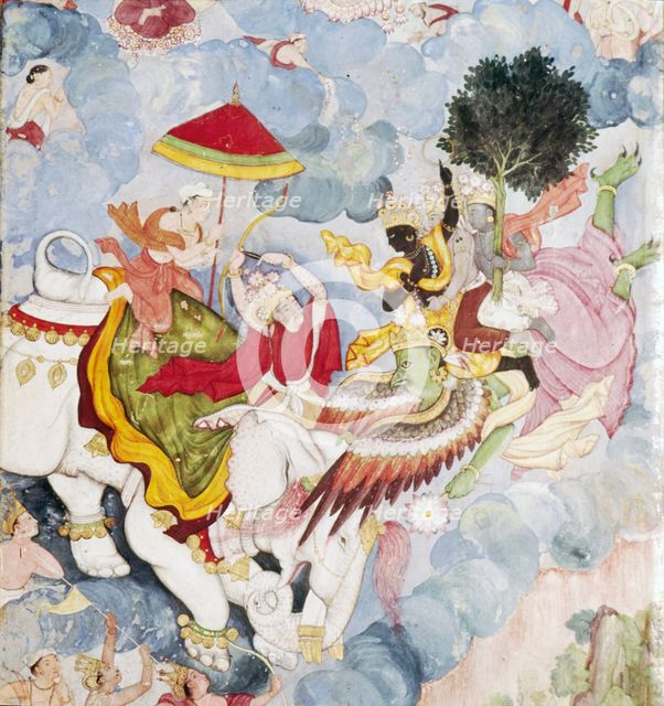 Krishna, (on Bird-God, Garuda) fights Indra (on elephant), Harivamsa manuscript, c1590. Artist: Unknown.