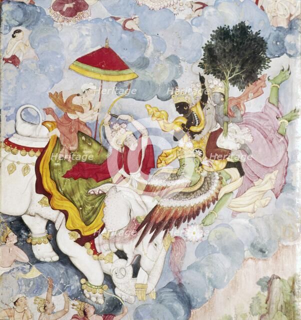 Krishna, (on Bird-God, Garuda) fights Indra (on elephant), Harivamsa manuscript, c1590. Artist: Unknown.