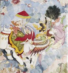 Krishna, (on Bird-God, Garuda) fights Indra (on elephant), Harivamsa manuscript, c1590