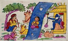 Krishna playing his flute to the cows and Radha who is immersed in the river... Creator: Unknown