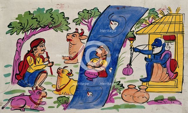 Krishna playing his flute to the cows and Radha who is immersed in the river... Creator: Unknown.