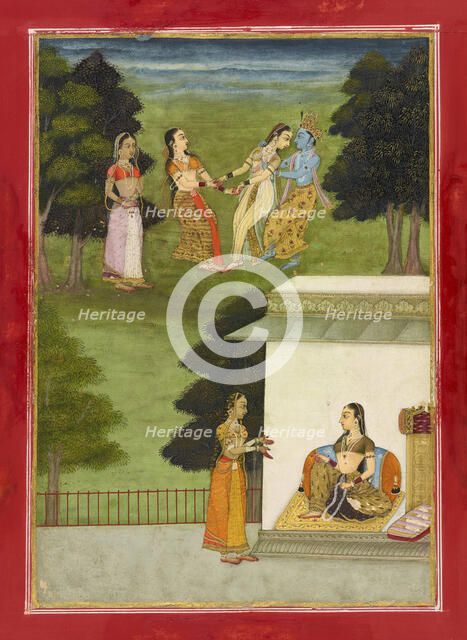 Krishna playing with the gopis, folio from a Rasikpriya, dated 1686 (Samvat 1743). Creator: Ruknuddin.