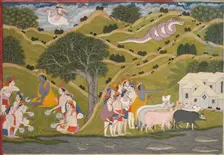 Krishna Returns with the Cowherds to Braj, from a Bhagavata Purana, c. 1830. Creator: Unknown