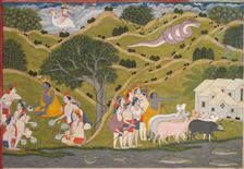 Krishna Returns with the Cowherds to Braj, from a Bhagavata Purana, c. 1830. Creator: Unknown
