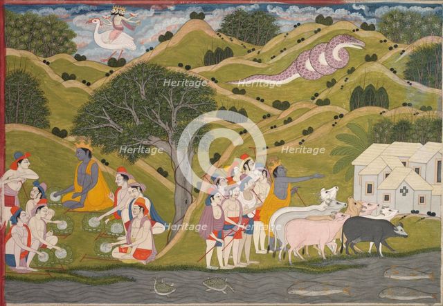 Krishna Returns with the Cowherds to Braj, from a Bhagavata Purana, c. 1830. Creator: Unknown.