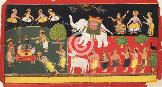 Krishna revered by Indra arriving on a white elephant, c1720. Artist: Unknown.