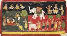 Krishna revered by Indra arriving on a white elephant, c1720