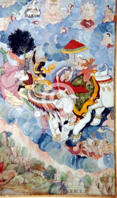 Krishna, riding the Bird-God Garuda, fights the God, Indra (on an elephant), c1590.  Artist: Unknown.