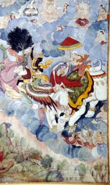 Krishna, riding the Bird-God Garuda, fights the God, Indra (on an elephant), c1590