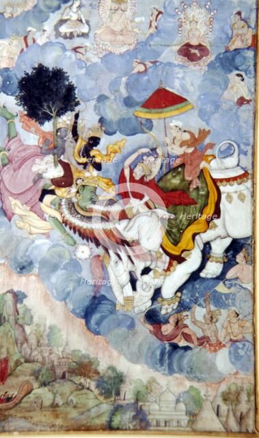 Krishna, riding the Bird-God Garuda, fights the God, Indra (on an elephant), c1590.  Artist: Unknown.