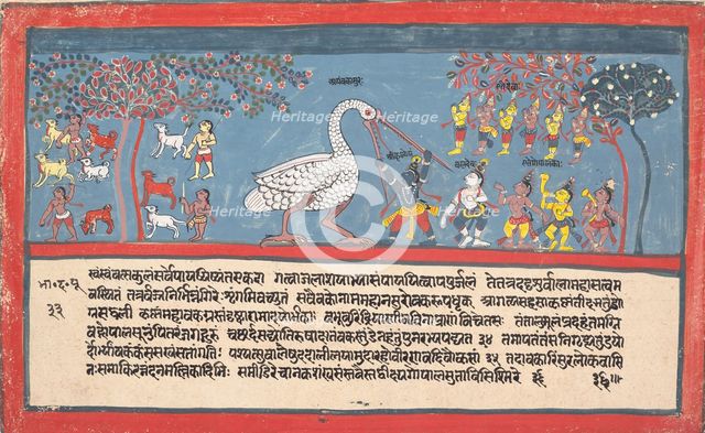 Krishna Slays Bakasura, the Crane Demon..., from a Dispersed Bhagavata Purana..., 1800-1825. Creator: Unknown.