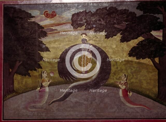 Krishna standing with subdued Kaliya Naag, his wives asking for mercy. Artist: Unknown.