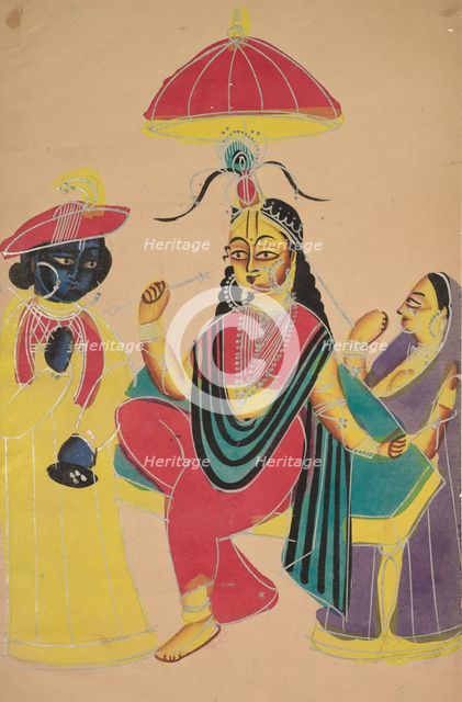 Krishna Standing by Radha who is Seated on a Chair, 1800s. Creator: Unknown.