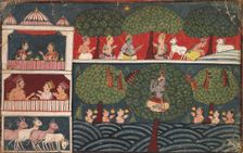 Krishna Stealing Gopis Clothes, Page from the Bhagavata Purana, c. 1650. Creator: Unknown