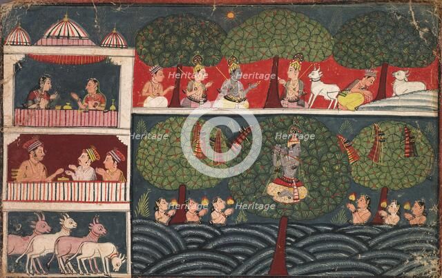 Krishna Stealing Gopis Clothes, Page from the Bhagavata Purana, c. 1650. Creator: Unknown.
