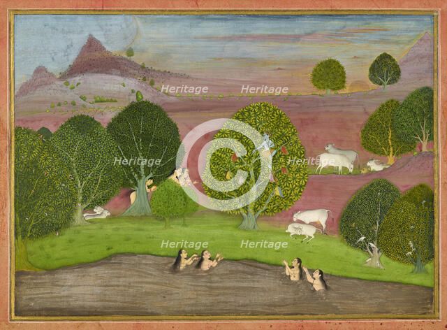 Krishna steals the clothes of the gopis, folio from a Bhagavata Purana, ca. 1690-1700. Creator: Unknown.