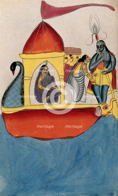 Krishna steering a peacock-headed boat carrying five women. Creator: Unknown.