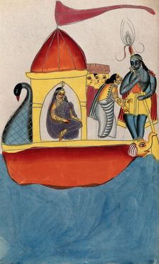 Krishna steering a peacock-headed boat carrying five women. Creator: Unknown