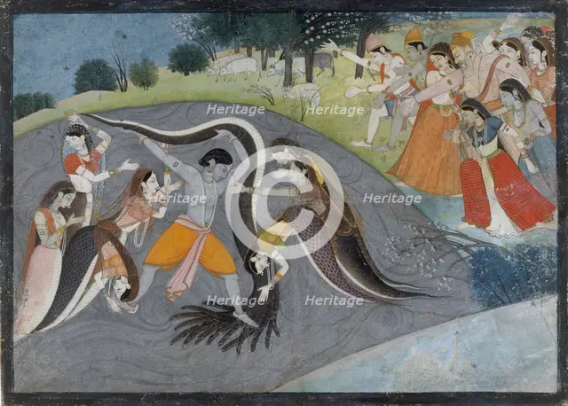 Krishna Subduing Kaliya, the Snake Demon: Folio from a Bhagavata Purana Series , ca. 1785. Creator: Unknown.