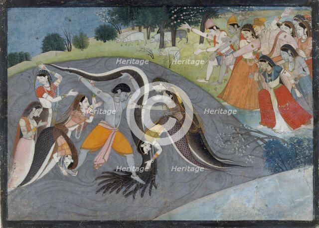 Krishna Subduing Kaliya, the Snake Demon: Folio from a Bhagavata Purana Series , ca. 1785. Creator: Unknown.