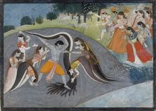 Krishna Subduing Kaliya, the Snake Demon: Folio from a Bhagavata Purana Series , ca. 1785. Creator: Unknown