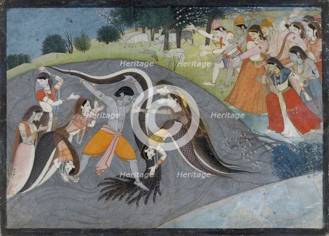 Krishna Subduing Kaliya, the Snake Demon: Folio from a Bhagavata Purana Series , ca. 1785. Creator: First generation after Manaku and Nainsukh.