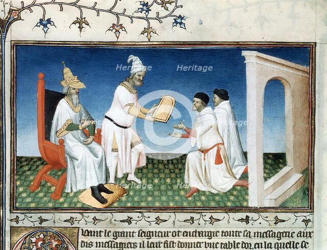 Kublai Khan gives the Polos their passport, c1280s, (early 15th century).  Creator: Boucicaut Master.