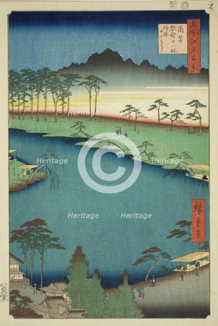 Kumano Junisha Shrine in Tsunohazu, Popularly Known as Juniso (Tsunohazu Kumano Junisha, z..., 1856. Creator: Ando Hiroshige.