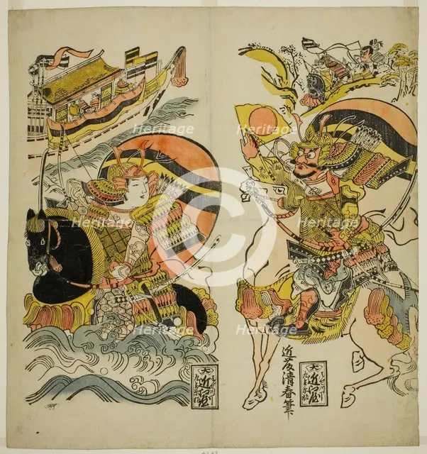 Kumagai Naozane and Taira no Atsumori at the battle of Ichi-no-tani, Japan, c. 1720. Creator: Kondo Kiyoharu.