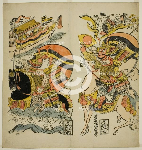 Kumagai Naozane and Taira no Atsumori at the battle of Ichi-no-tani, Japan, c. 1720. Creator: Kondo Kiyoharu.
